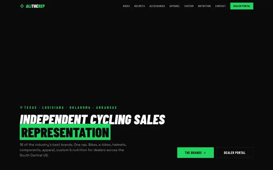AliTheRep website — independent cycling sales representation across Texas, Louisiana, Oklahoma and Arkansas.