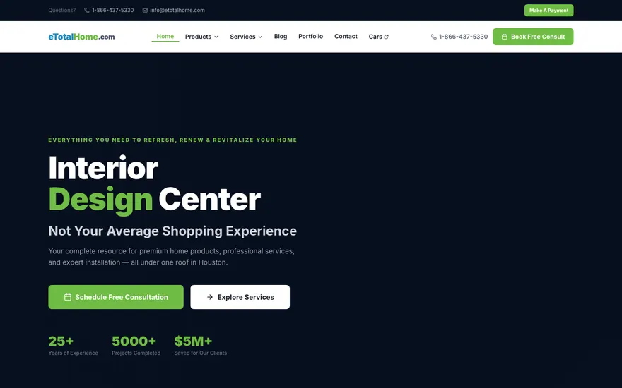 eTotalHome website — Houston interior design center for premium home products, services and installation.