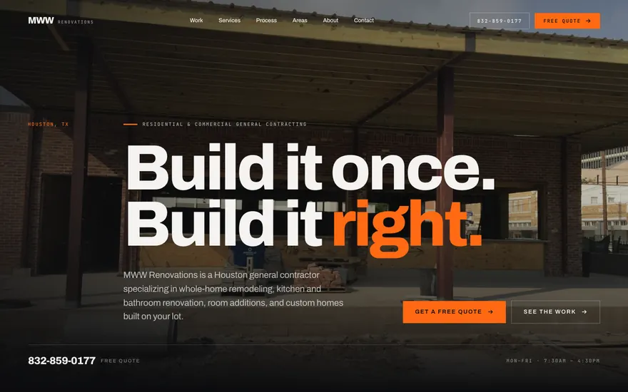 MWW Renovations website — full-bleed jobsite video hero reading Build it once. Build it right.