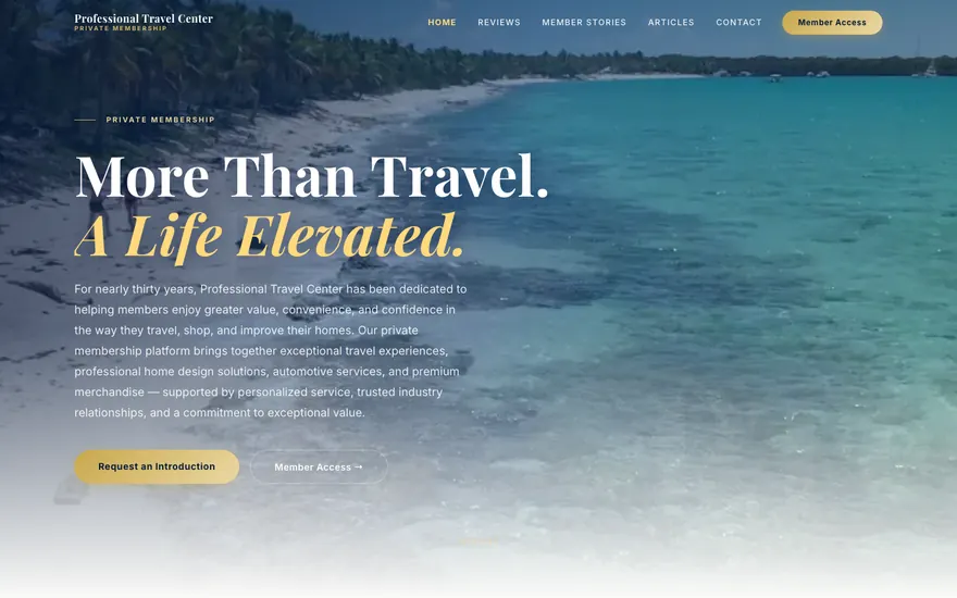 Professional Travel Center website — private membership travel club, reading More Than Travel. A Life Elevated.