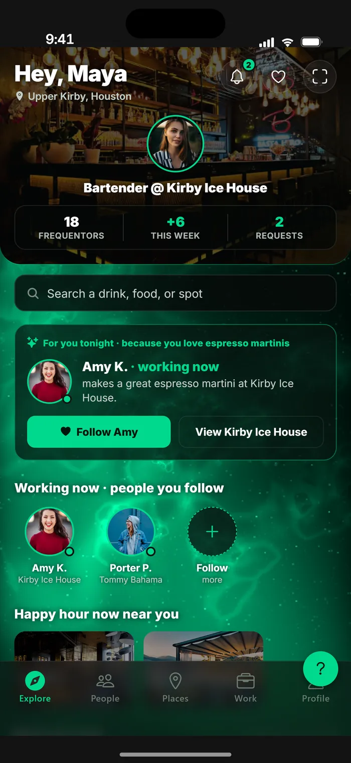 iOS app — explore surface with live venue signals