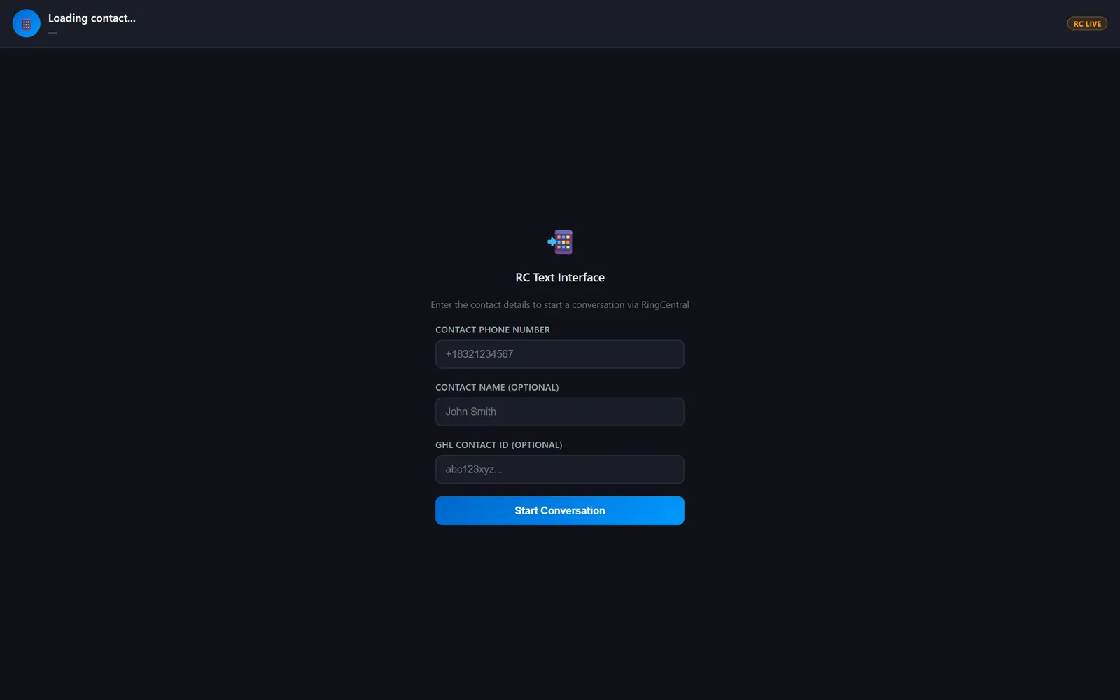 RC Text Interface — the agent composer console, live against RingCentral