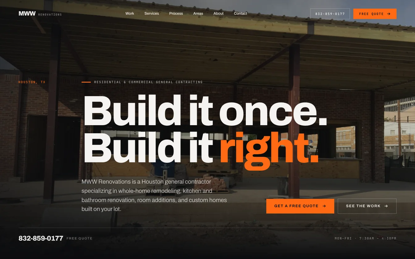 MWW Renovations homepage — full-bleed jobsite video hero reading 'Build it once. Build it right.'