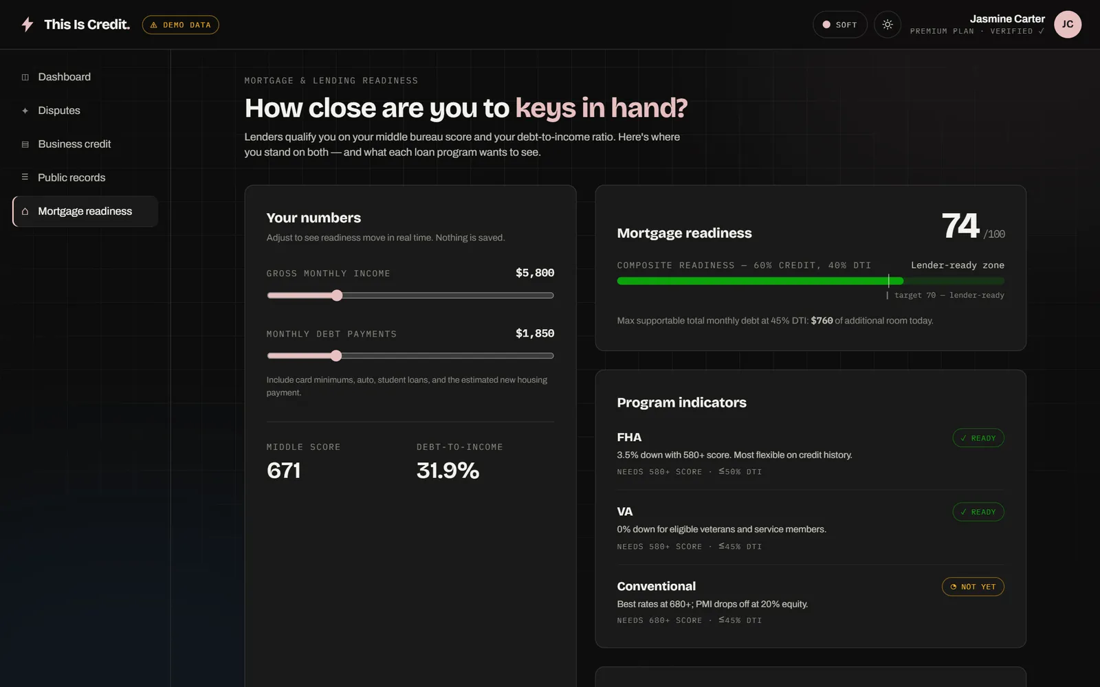 Mortgage readiness engine — middle score, DTI, program flags